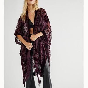 Maroon Velvet Kimono, Semi Sheer, Burn out, Roses, Fringed, Cover, Burno…